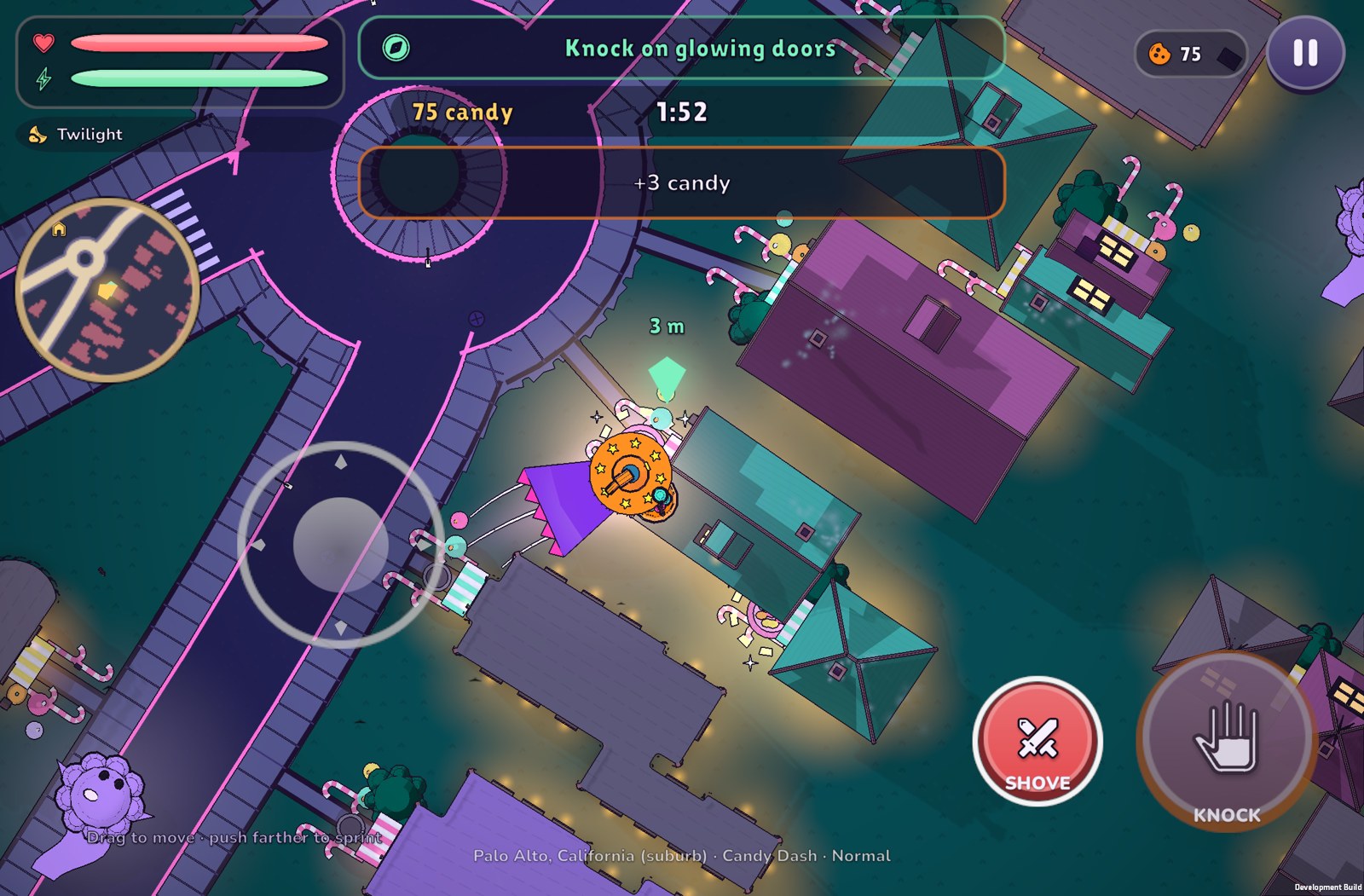 Actual Candy Dash development build on iPad: a witch with a candy pail moves along colorful haunted streets.